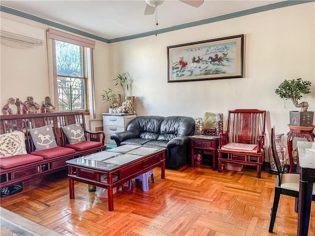 living room with light parquet flooring, a wall mounted AC, ceiling fan, and crown molding