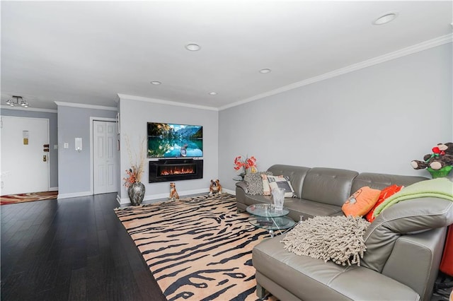 living area with a lit fireplace, ornamental molding, wood finished floors, and baseboards