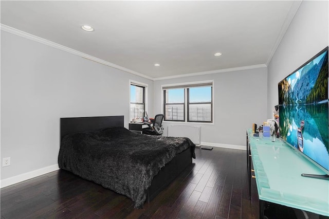 bedroom featuring crown molding, baseboards, recessed lighting, and dark wood finished floors