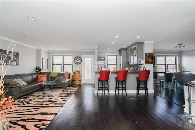 living room with crown molding, dark wood-style flooring, and recessed lighting