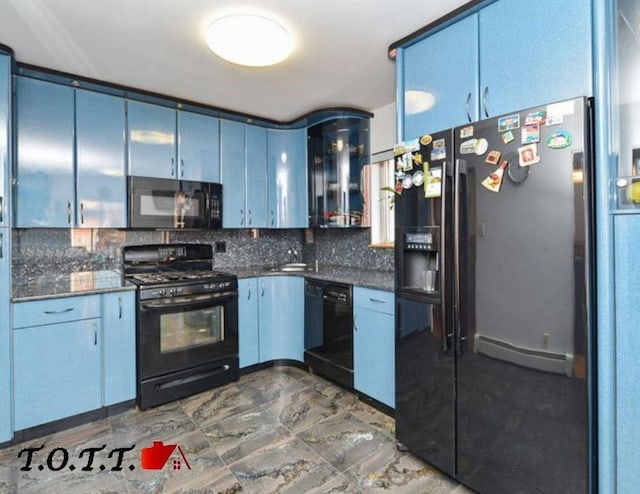 kitchen with blue cabinets, backsplash, dark stone counters, and black appliances