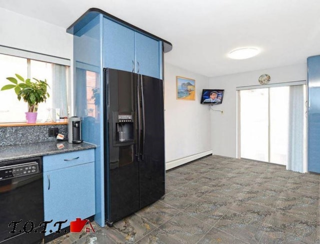 kitchen with black appliances and blue cabinets