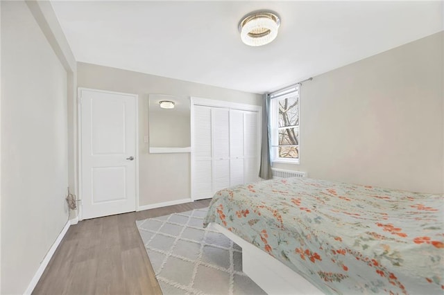 bedroom with hardwood / wood-style floors and a closet