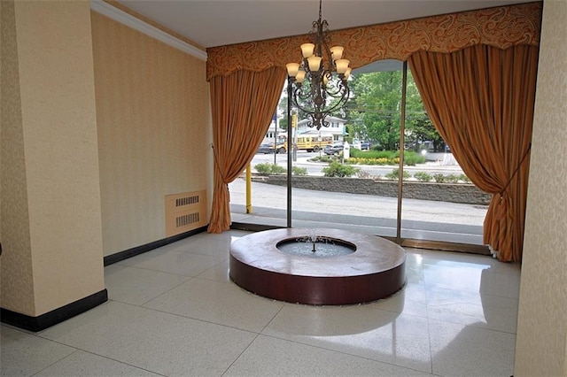 1000 Clove Rd Unit 7G, Staten Island, NY 10301 - dining room with baseboards, wallpapered walls, a chandelier, radiator heating unit, and ornamental molding