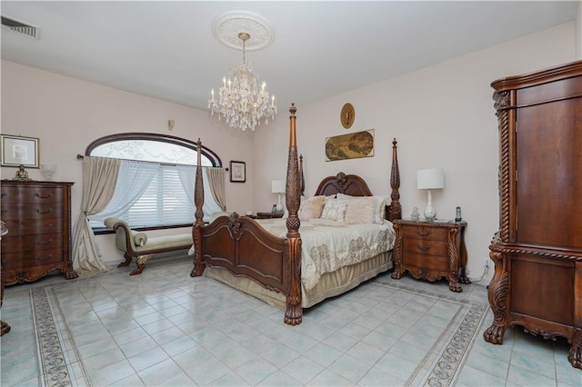 bedroom featuring light tile patterned floors, visible vents, and an inviting chandelier