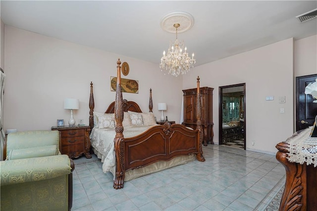 bedroom featuring visible vents and an inviting chandelier