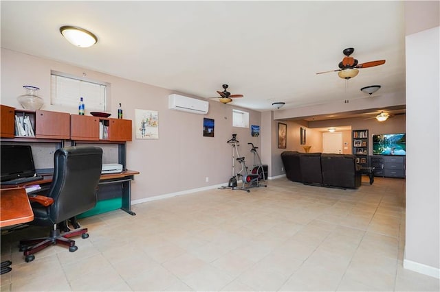 office space with an AC wall unit, a ceiling fan, and baseboards