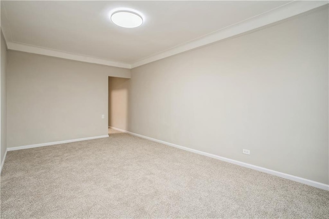 empty room featuring carpet, baseboards, and ornamental molding