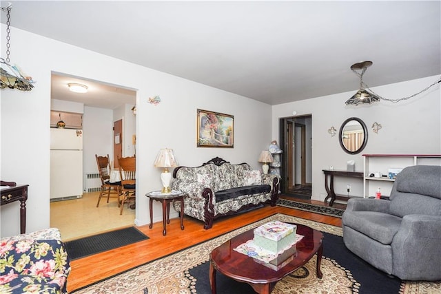 living room with radiator heating unit and wood-type flooring