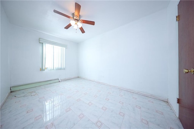 unfurnished room featuring a baseboard radiator and ceiling fan