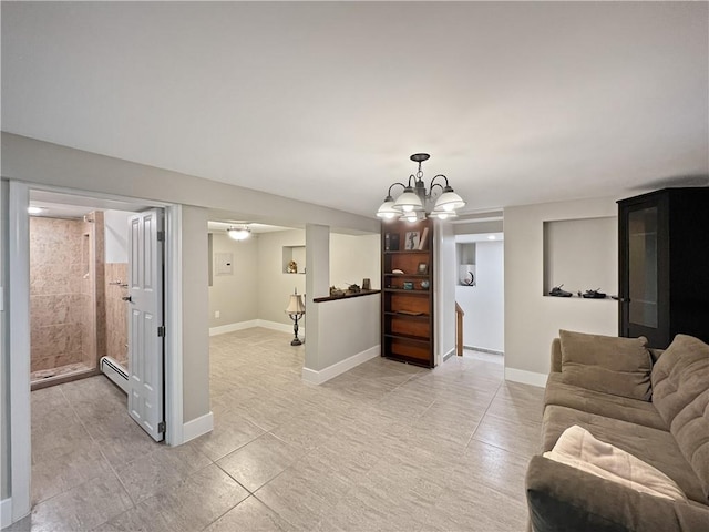 4912 Surf Ave, Brooklyn, NY 11224 - living room with a baseboard radiator, a chandelier, baseboards, and light tile patterned flooring
