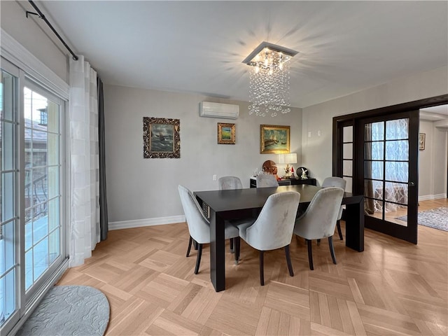 4912 Surf Ave, Brooklyn, NY 11224 - dining area featuring a chandelier, a healthy amount of sunlight, a wall unit AC, and baseboards