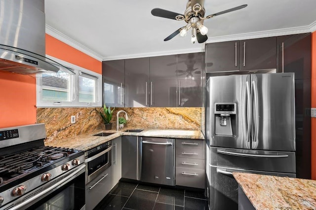 kitchen with light stone countertops, island range hood, ornamental molding, and stainless steel appliances