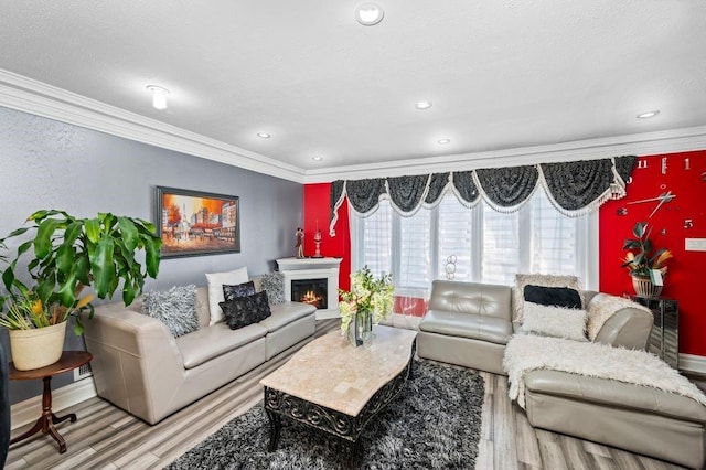 living room featuring crown molding and hardwood / wood-style floors