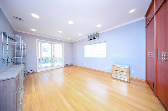 interior space with visible vents, a wall unit AC, crown molding, light wood-style floors, and recessed lighting