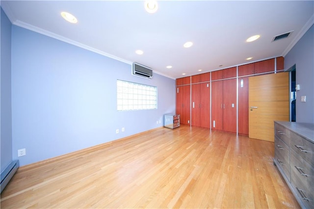 unfurnished bedroom featuring a baseboard radiator, light wood-style flooring, visible vents, an AC wall unit, and ornamental molding