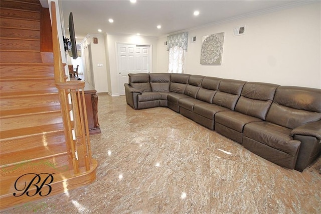 living area with crown molding, recessed lighting, visible vents, baseboards, and stairs