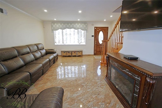 living room with visible vents, stairway, ornamental molding, marble finish floor, and recessed lighting