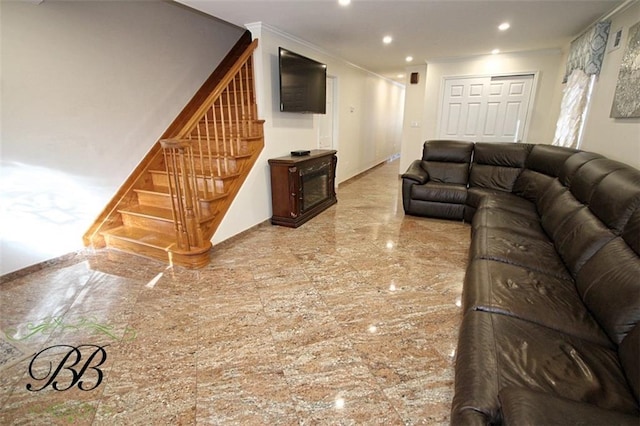 living room featuring stairs, crown molding, and recessed lighting