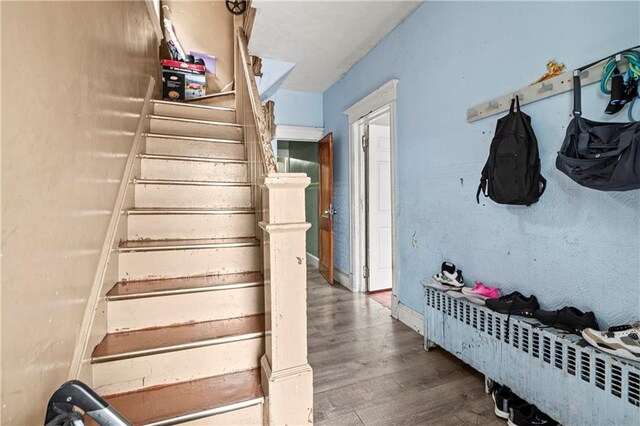 mudroom featuring hardwood / wood-style flooring and radiator