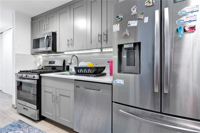 kitchen featuring gray cabinetry, sink, and stainless steel appliances