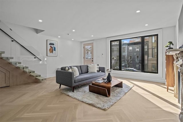 living room featuring light parquet flooring