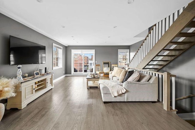 living room with dark wood-type flooring