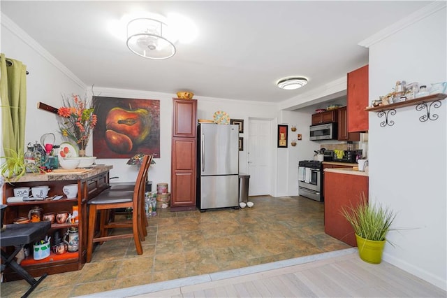 kitchen with stainless steel appliances, reddish brown cabinets, light countertops, and crown molding