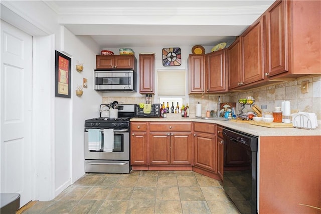 kitchen featuring stainless steel appliances, tasteful backsplash, and crown molding