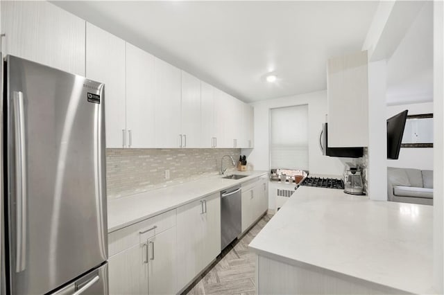 3021 Z Ave Unit 1K, Brooklyn, NY 11235 - kitchen featuring stainless steel appliances, light countertops, backsplash, a sink, and radiator heating unit