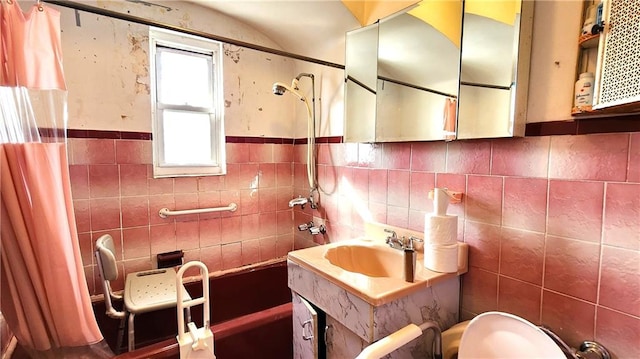 4400 Bedford Ave, Brooklyn, NY 11229 - bathroom with tile walls, vanity, toilet, and shower / bathtub combination with curtain