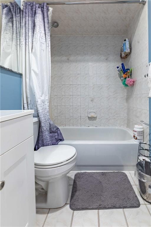 full bathroom with vanity, shower / bath combination with curtain, and toilet