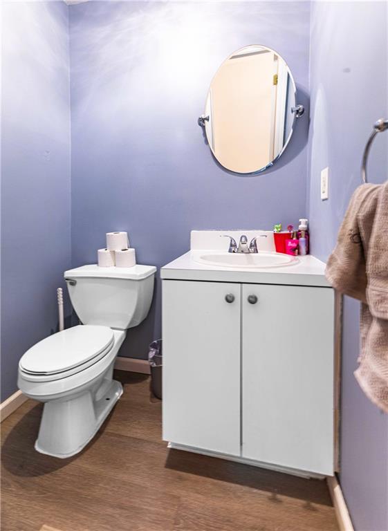 bathroom with vanity, wood-type flooring, and toilet