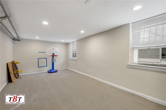 interior space with baseboards, carpet flooring, and recessed lighting