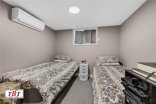 bedroom featuring an AC wall unit and carpet flooring