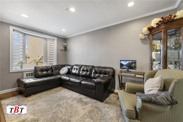living room featuring crown molding, baseboards, and recessed lighting