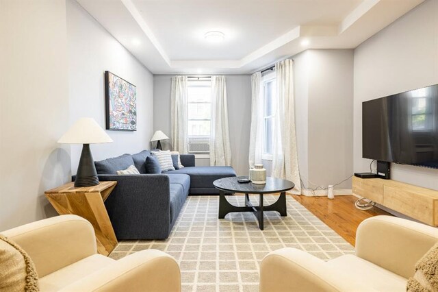 living room with a tray ceiling and light hardwood / wood-style floors