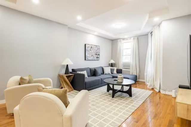 living room featuring wood-type flooring and a raised ceiling