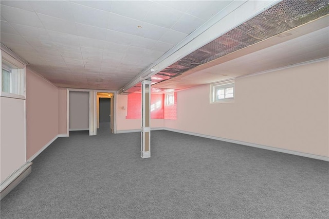 basement with carpet flooring