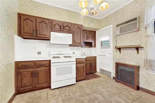 552 17th St, Brooklyn, NY 11215 - kitchen with white appliances, wallpapered walls, a chandelier, crown molding, and light countertops