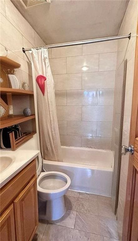 full bathroom with vanity, shower / bathtub combination with curtain, and toilet