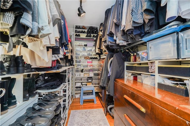 walk in closet with wood finished floors