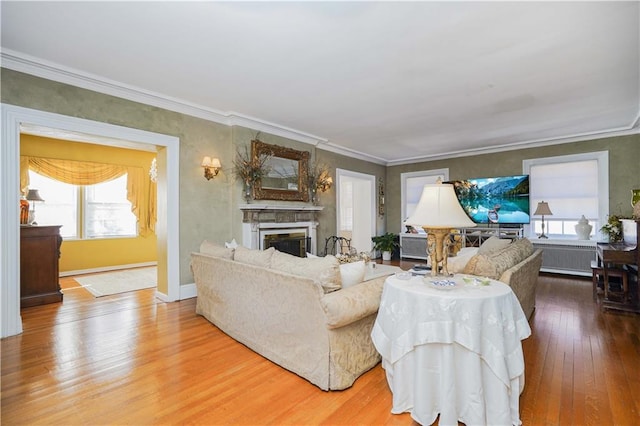 living room with hardwood / wood-style flooring, a fireplace, baseboards, and ornamental molding