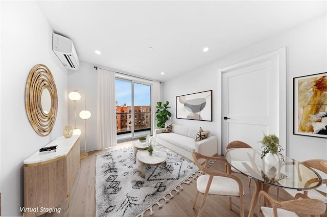 7616 Bay Pkwy Pha, Pha, Brooklyn, NY 11214 - living room featuring an AC wall unit, light wood-style flooring, and recessed lighting