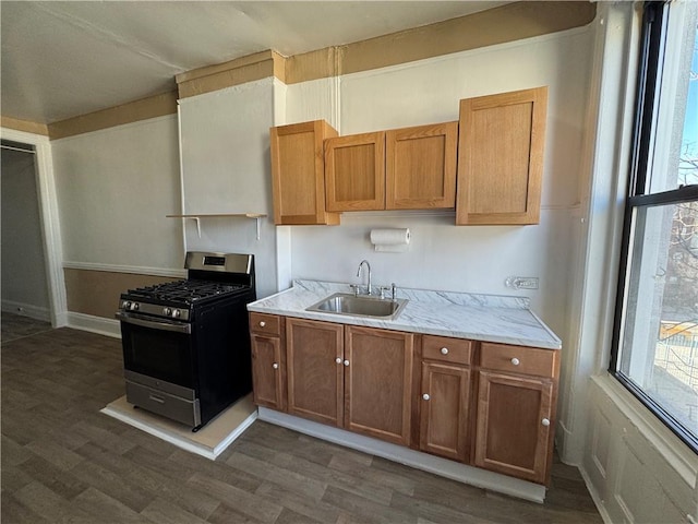 kitchen with dark hardwood / wood-style floors, stainless steel range with gas stovetop, and sink