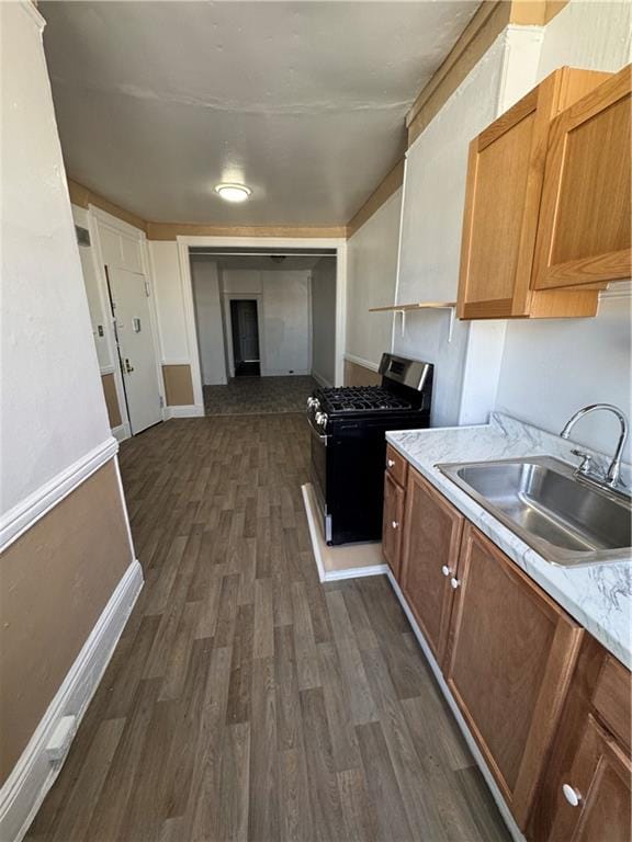 kitchen with sink, dark hardwood / wood-style floors, and gas stove