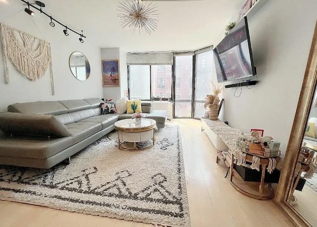 living area featuring expansive windows, rail lighting, and wood finished floors