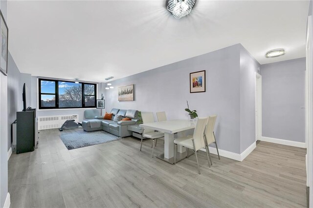 living room featuring radiator and light hardwood / wood-style flooring