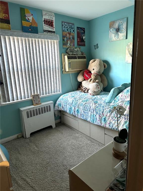 carpeted bedroom with radiator