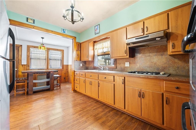 kitchen featuring tasteful backsplash, hanging light fixtures, light hardwood / wood-style floors, stainless steel appliances, and an inviting chandelier